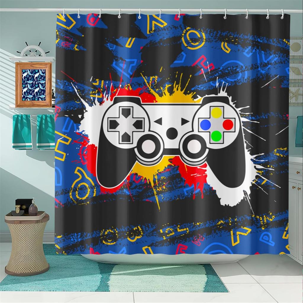 Boy Room Video Gamepad Printed Shower Curtain, Toilet Bathroom Bathtub Decorative Shower Curtain With 12 Hooks