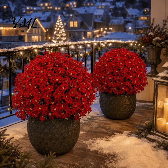 Decorative Faux Flowers for Dining Table Christmas Artificial Poinsettia Flower Topiary Tree, Fade Resistant Bush with Spike, Realistic Vivid