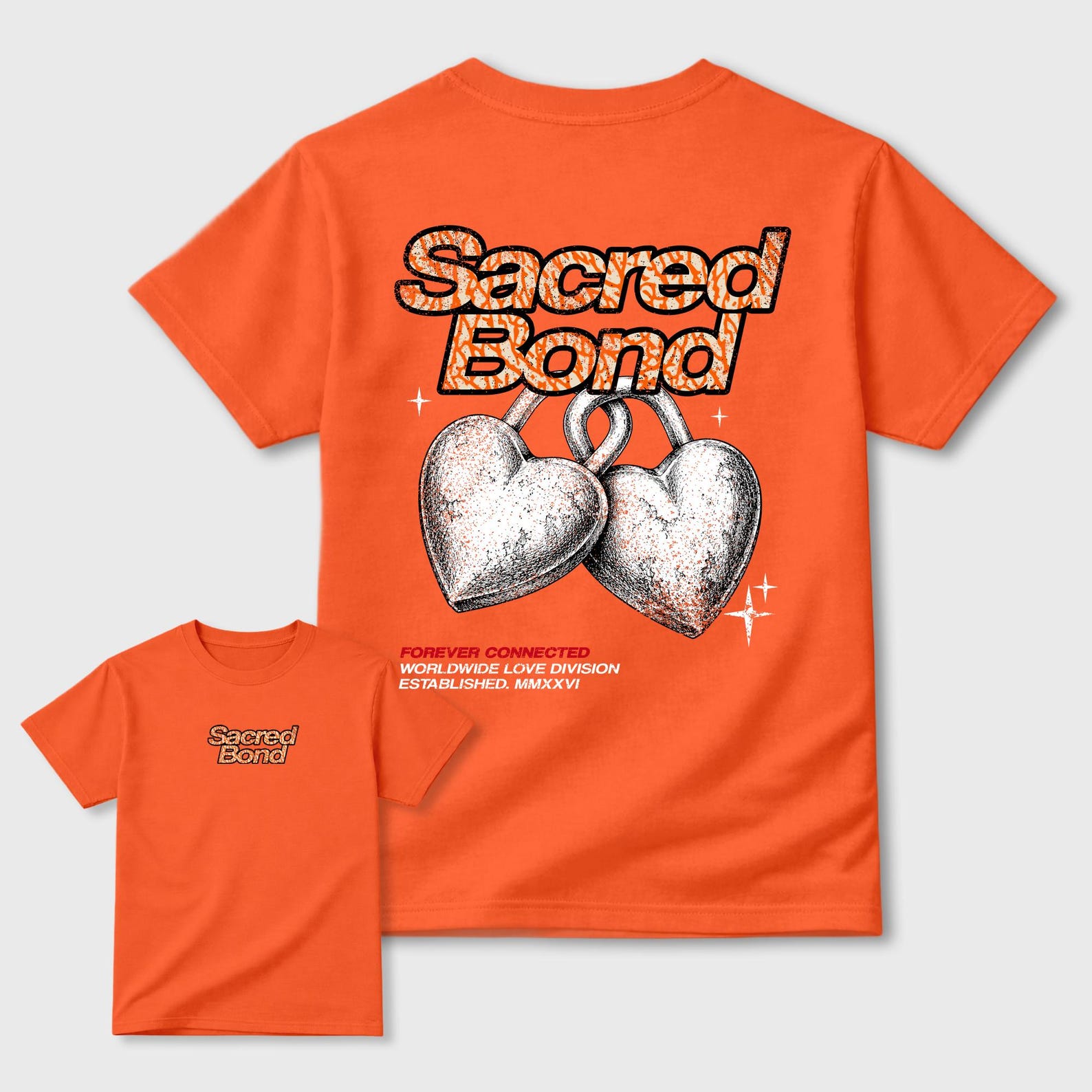 Sacred Bond graphic tee. Streetwear Brand Graphic T-Shirt. 3s Orange Citrus M