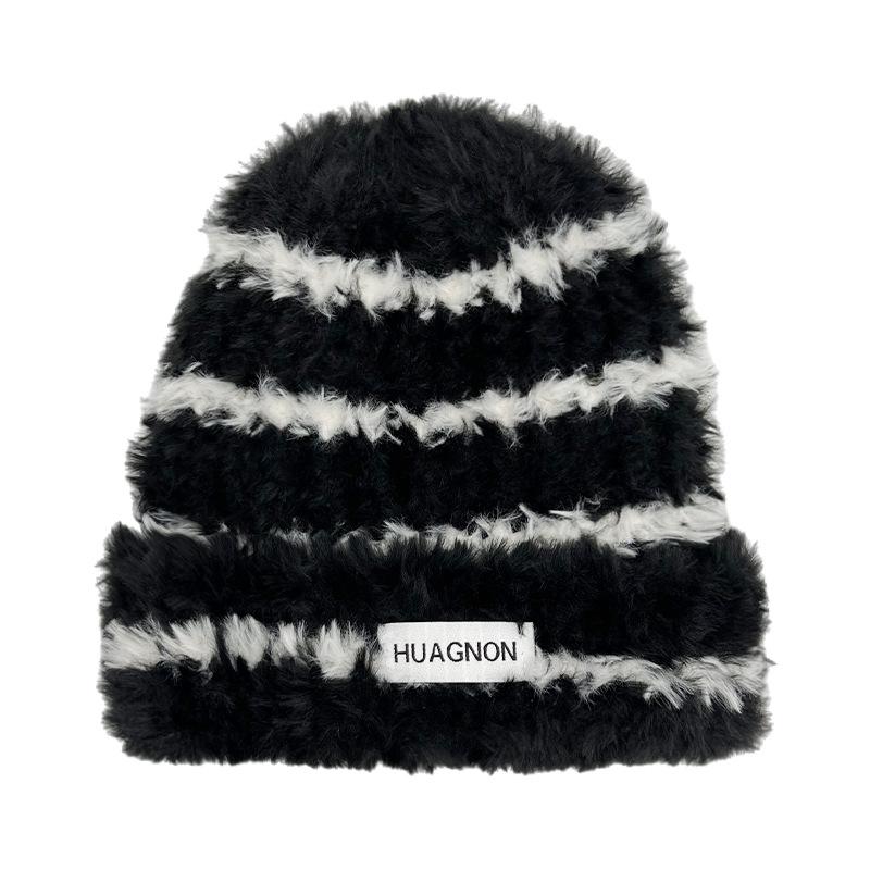 Knitted Striped Hat Embroidered Bean Hat Warm Winter Windproof Outdoor Gift Hat