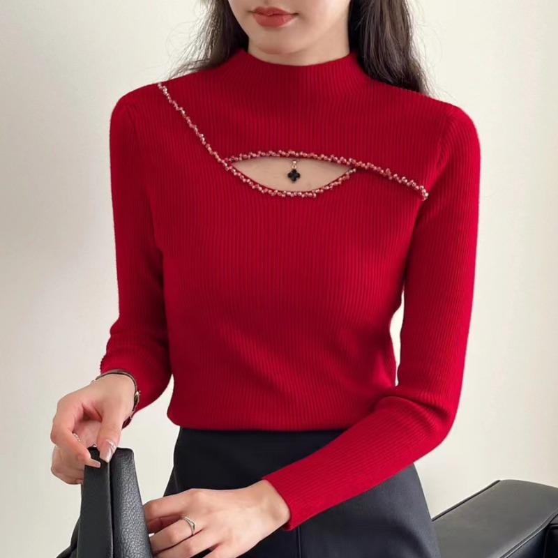 Autumn Half High Collar Hollow Out Pullovers Sweaters Women Slim Fit Winter Clothes Fashion Bottoming Sweater Tops Women Elegant Warm Knitwear 28874