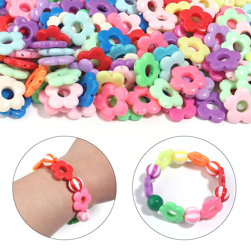 50Pcs Hollow Out Five Petal Flower Plastic Colorful Large Hole Plum Blossom Bead Charm for Hair Clips Earring Jewelry   Findings