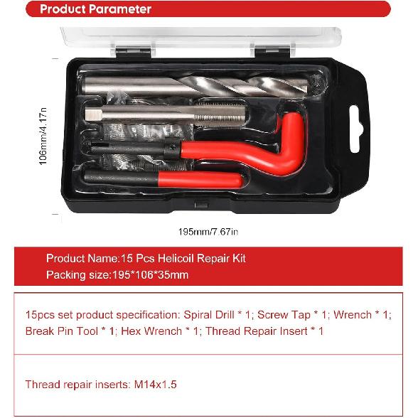 15 Pcs Thread erts M14x1.5 Female Thread Repairing Accessory Assortment Kit, Spark Plug Thread Repair Kit, Drill Helicoil Repair Kit, Thread Repair