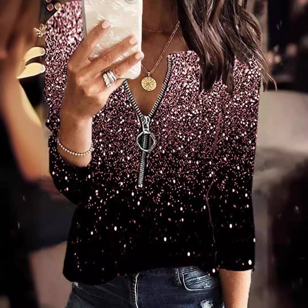 

Женская мода Свободная повседневная рубашка с длинными рукавами на молнии с цветочным принтом и v-образным вырезом Блузки Туники Топы XL розовый