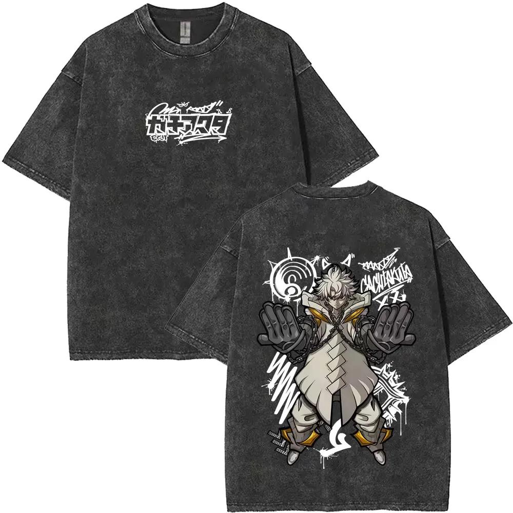 Washed Vintage Anime Gachiakuta Rudo Enjin Zanka Riyo Face Graphic T-shirt Men Women Casual Cartoon Manga Short Sleeve T-shirts