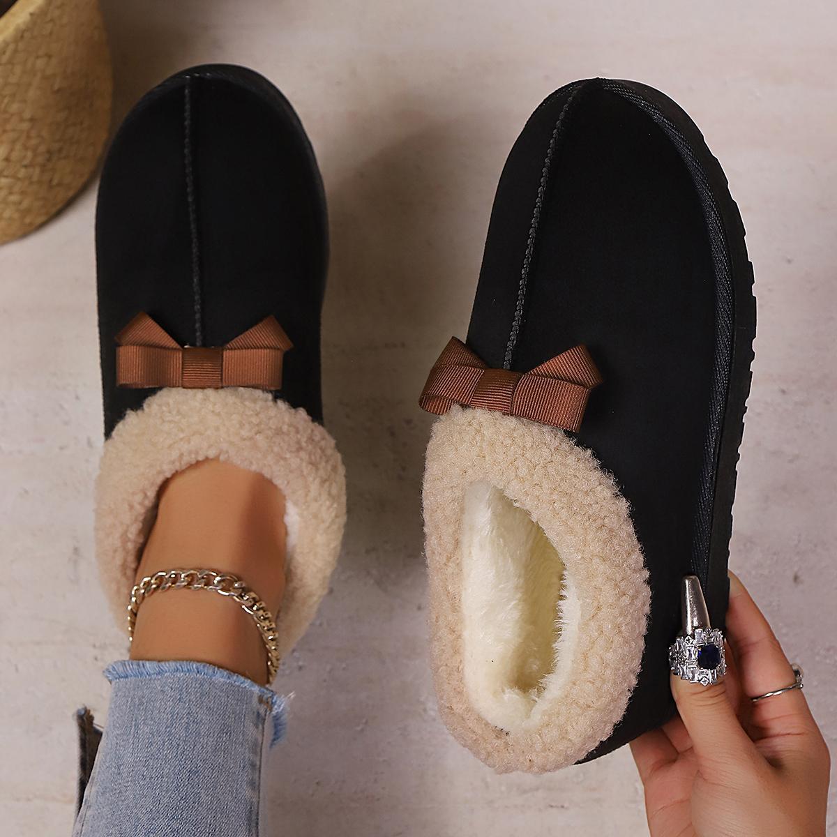 

Замшевые ботинки-дутики с бантом и мехом женские 2025 зимние удобные с мягкой подошвой пушистые меховые ботильоны теплые плюшевые туфли большой размер 43 43 чёрный