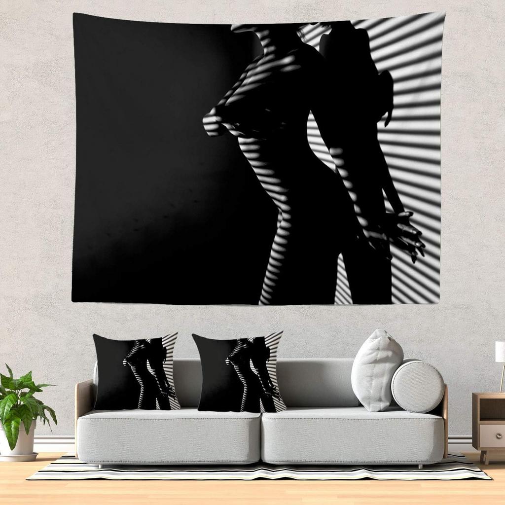 Woman Sexy Artistic Black and White Line Picnic Mat Hippie Trippy Tapestry Wall Art Meditation Decor for Bedroom Living Room