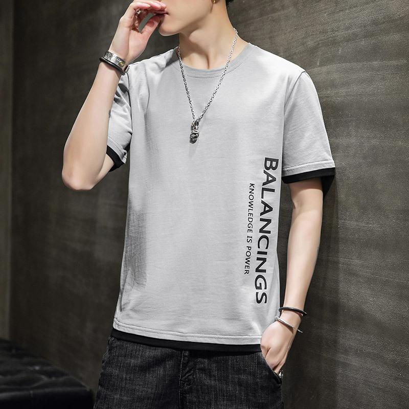 

Мужская футболка с короткими рукавами, летняя мужская футболка из чистого хлопка с половиной рукавов для повседневной корейской версии, топ с круглым вырезом с надписью, модный бренд XXXL светло-серый