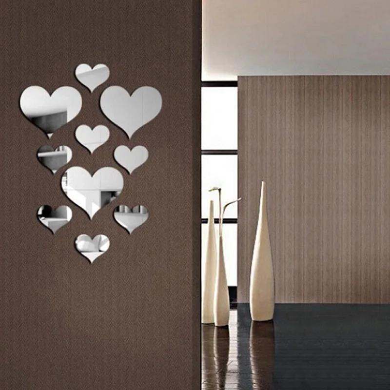 10pcs Love Hearts Mirror Wall Sticker Durable DIY Simple Wall Stickers Decal Removable Paster for Living Room Art Home Decor