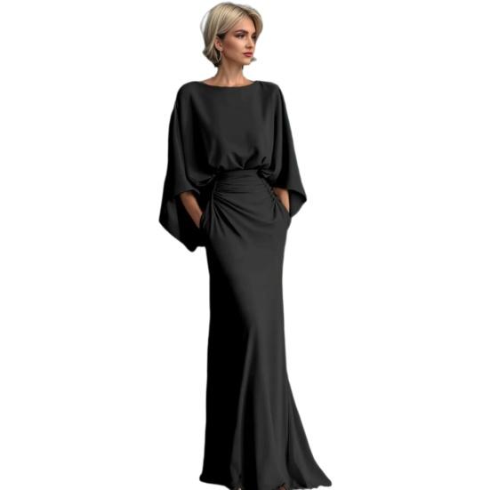 Women Ruched Boat Neck Wedding Guest Dress Backless Batwing 46085 Sleeve Bodycon Long S