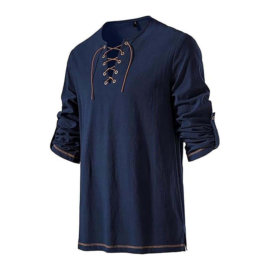 Men's Casual And Fashionable Cotton And Linen Solid Color Round-neck Long-sleeved