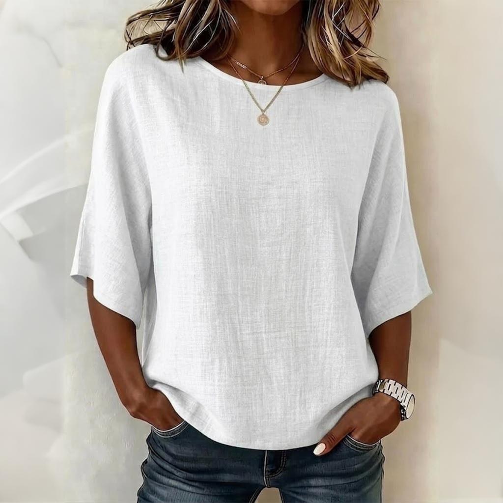 Women's Vintage Neck Short Sleeve T-Shirt Loose Fit Blouse for Everyday Wear