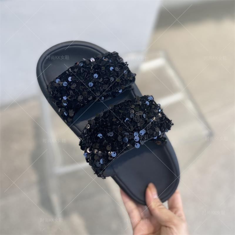 

Fashion Women s Slippers 2025 Summer New Fashion Sequin Open Toe Shoes Slope Heel Thick Sole High Heels Outdoor Casual Beach Shoes Large 35 чёрный