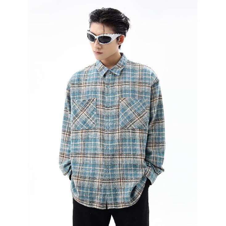 Americká retro kostkovaná košile Pánská jarní a podzimní pouliční trend Volný pár Ležérní košile s dlouhým rukávem Kabát