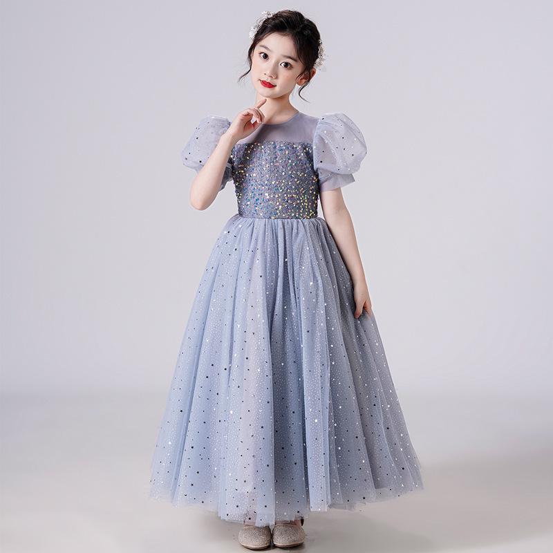 Girls' Sequin Puff Sleeve Princess Dress - Long Mesh Flower Girl Wedding Summer Formal Attire