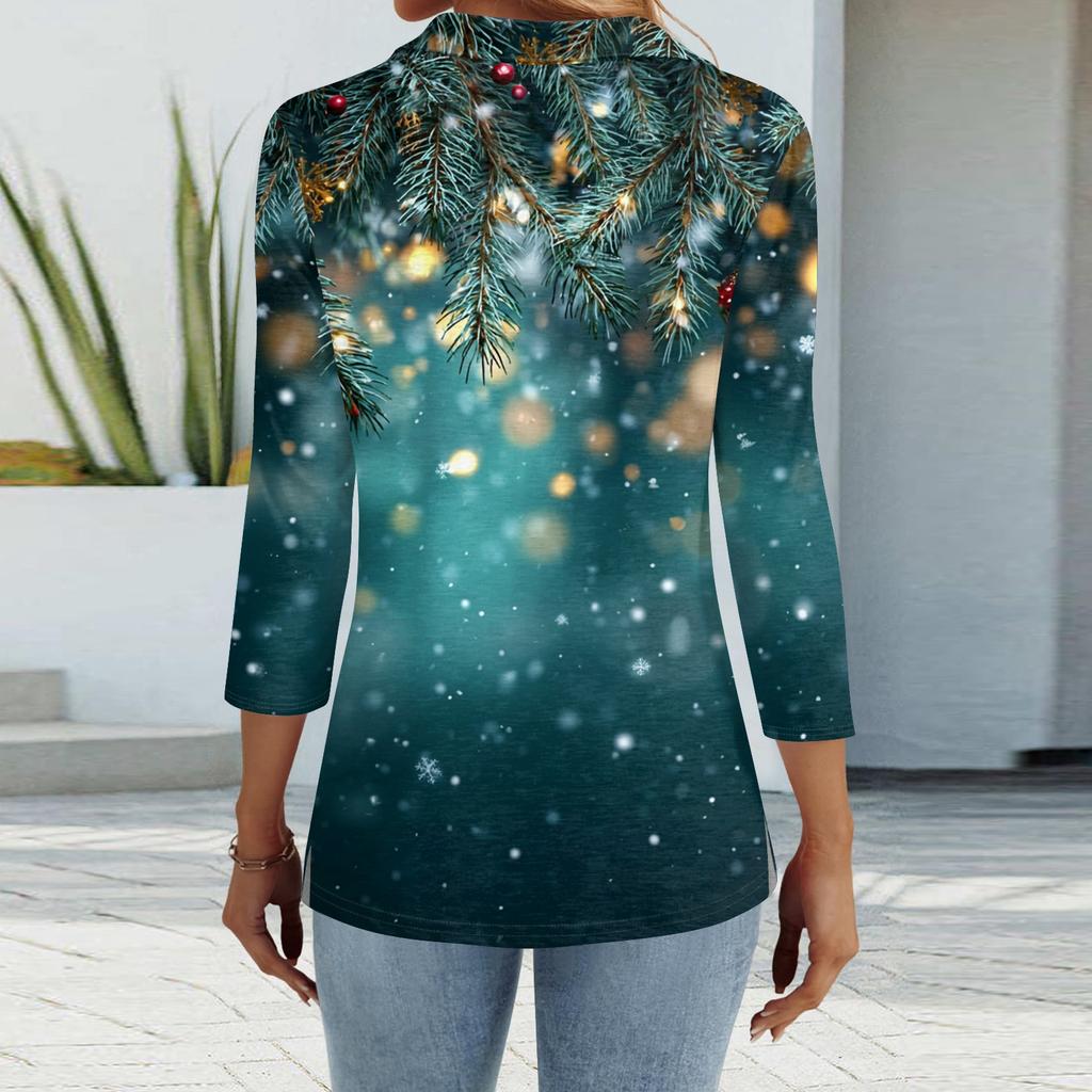 Mote dame casual revers kort 3/4 ermet juleprint skjorte dame knapp opp topper