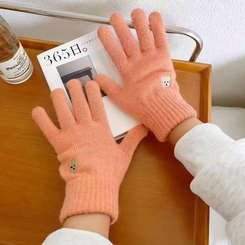 New Autumn and Winter Cute Bear Embroidery Wool Knitted Five-finger Gloves Finger-revealing Female Solid Color