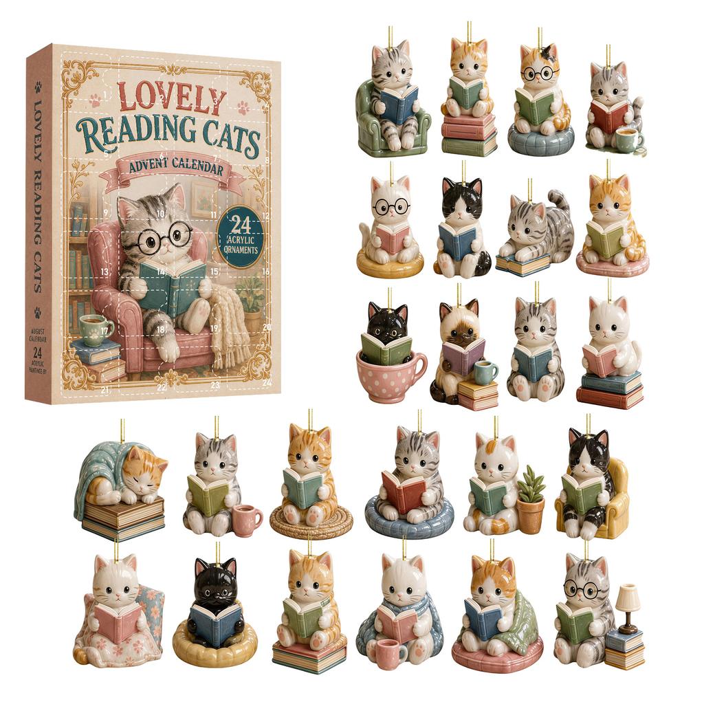 2026 Christmas Countdown Calenda, 24 Vintage-Style Reading Cat Acrylic Charm,Holiday Gift for Christmas