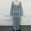 European-American V-Neck Hollow Texture Long-Sleeve Beach Dress