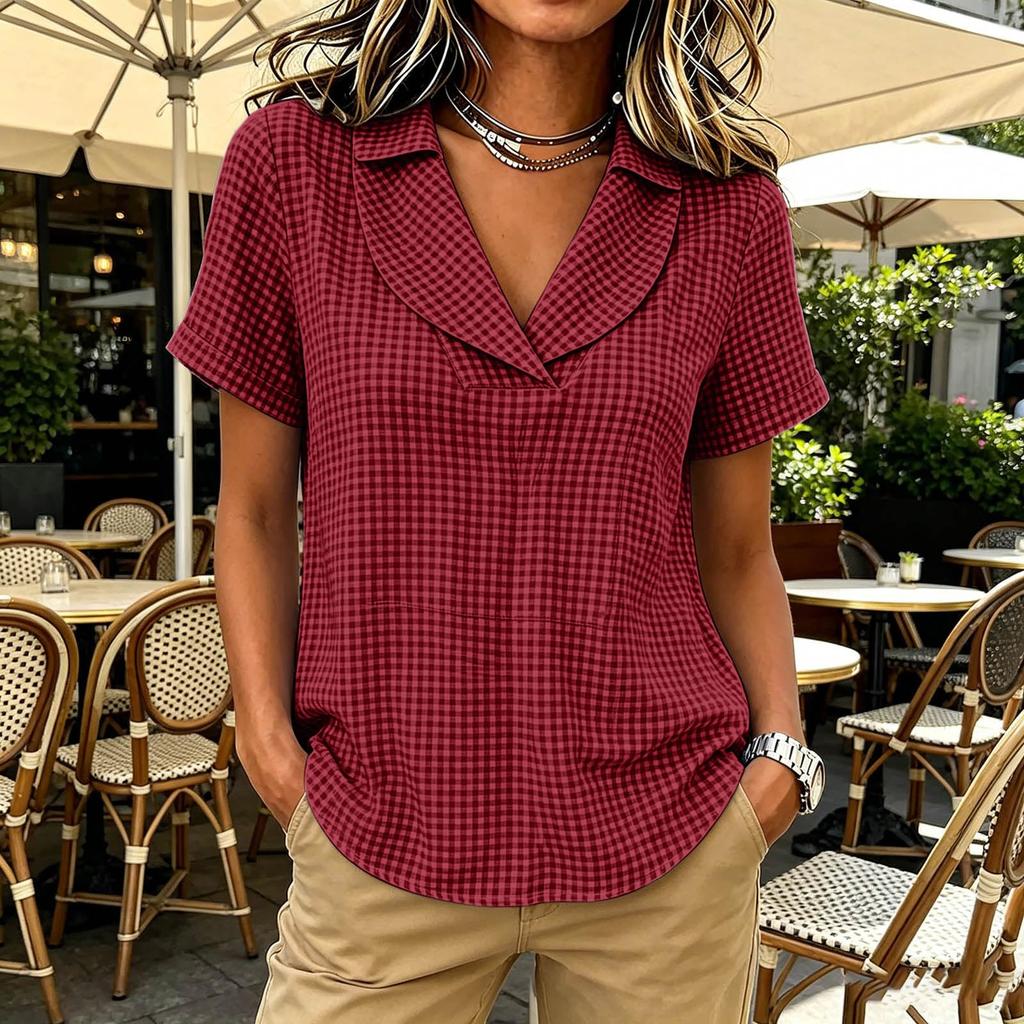 Women's Casual Plaid V-Neck Lapel Short Sleeve Blouse - Loose Fit Top for Everyday Wear