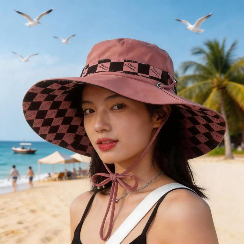 Double-sided plaid hat women's summer fashion versatile letter style large brim beach seaside vacation sun hat