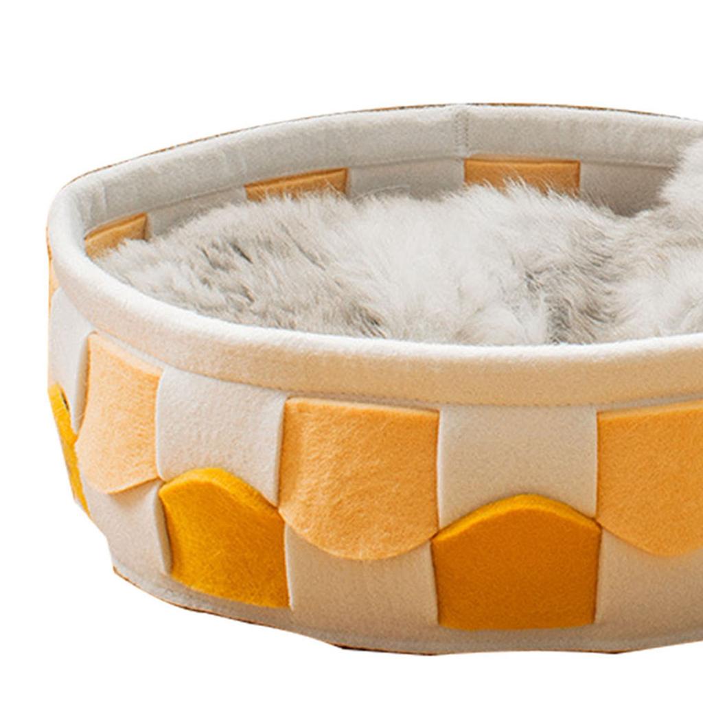 Round Cat Bed Soft Wave Line Braid Double Sided Universal Large Small Dog Bed for Winter Summer Yellow