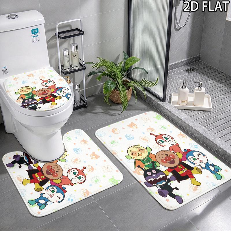 3pcs Anpanman Pattern Flannel Nonslip Absorbent Washable Decorative Bathroom Home Toilet Seat Cover Mat