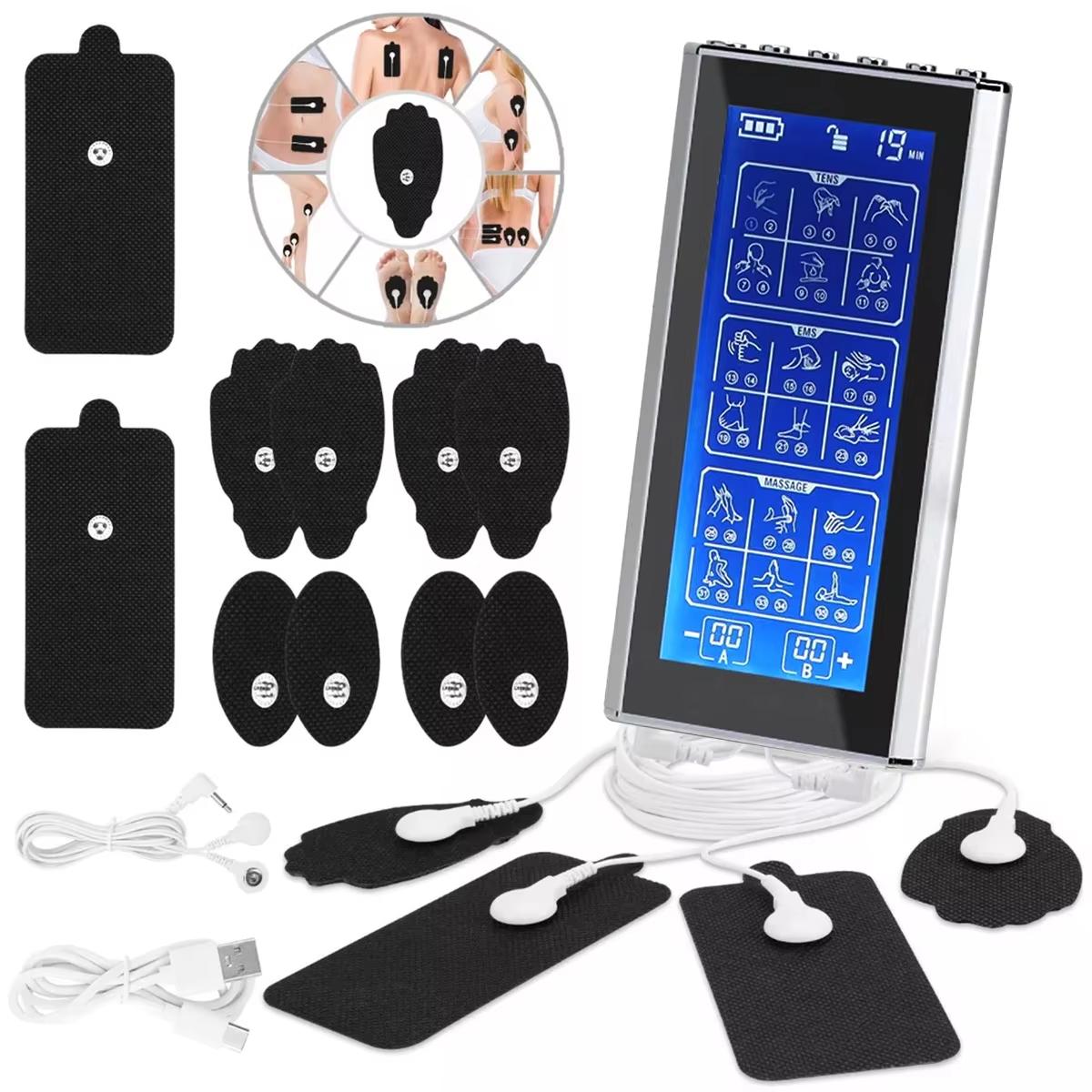 

3-в-1 TENS-устройство, перезаряжаемый миостимулятор, двухканальный EMS для лечения боли в шее, мышечной терапии, импульсный массажер для лечения боли серебряный