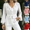 Women's New V-neck Temperament Ruffle Shirt Lace-up Waist Lantern Sleeve Long-sleeved Top