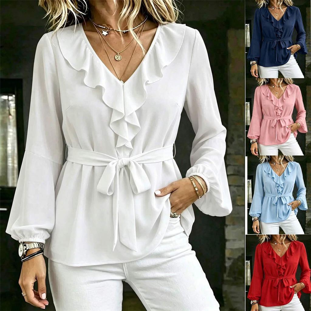 Women's New V-neck Temperament Ruffle Shirt Lace-up Waist Lantern Sleeve Long-sleeved Top