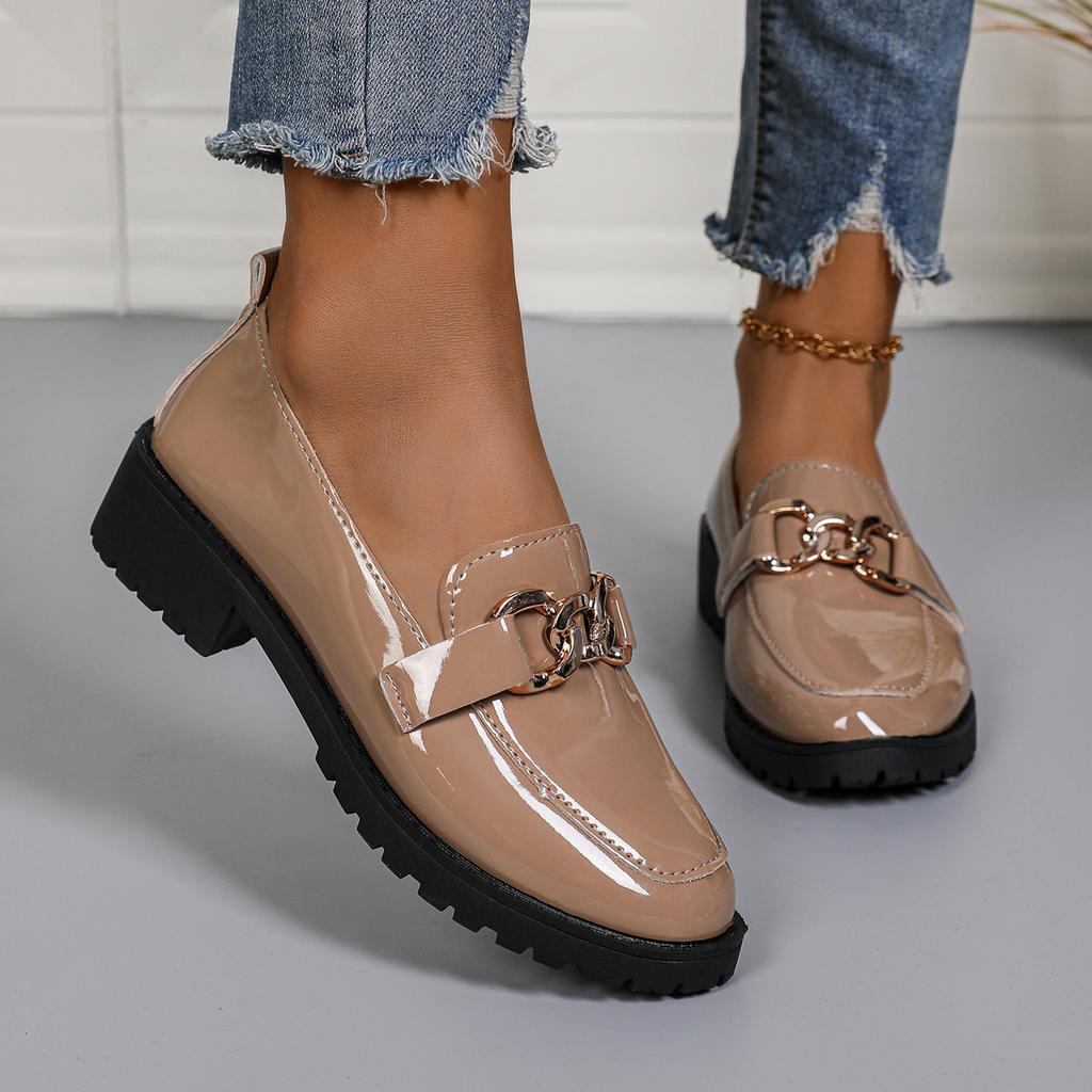 Fashion Spring Round Toe Loafers Women's British Style High Heels Shoes 2025 Slip On Chunky Heels Woman Fashion Metal Decor Shoes Women