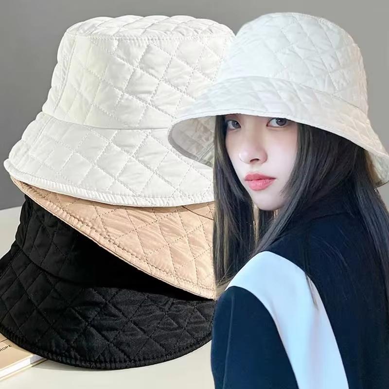 Warm Down Bucket Hat for Women Autumn Winter Windproof Fisherman Cap Solid Color Rhombus Female Panama Sun Hats