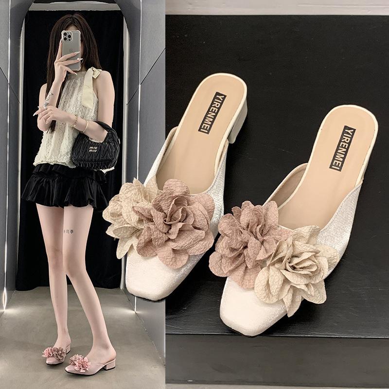 High heels women's spring and summer 2025 new French bag head flower sandals square head thick heel light mouth outer slippers women