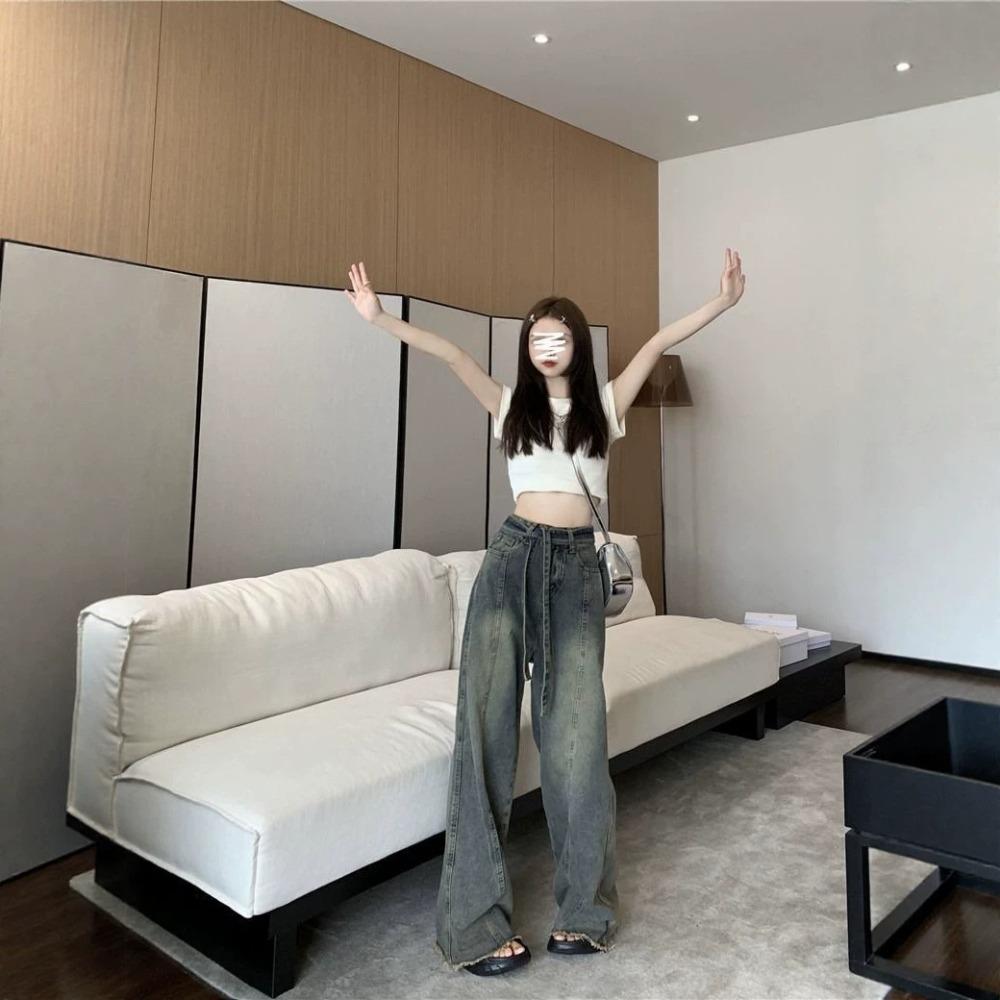 Women's High Waist Wide Leg Jeans Vintage Washed Tie Belt Loose Fit Raw Hem Casual Denim Trousers