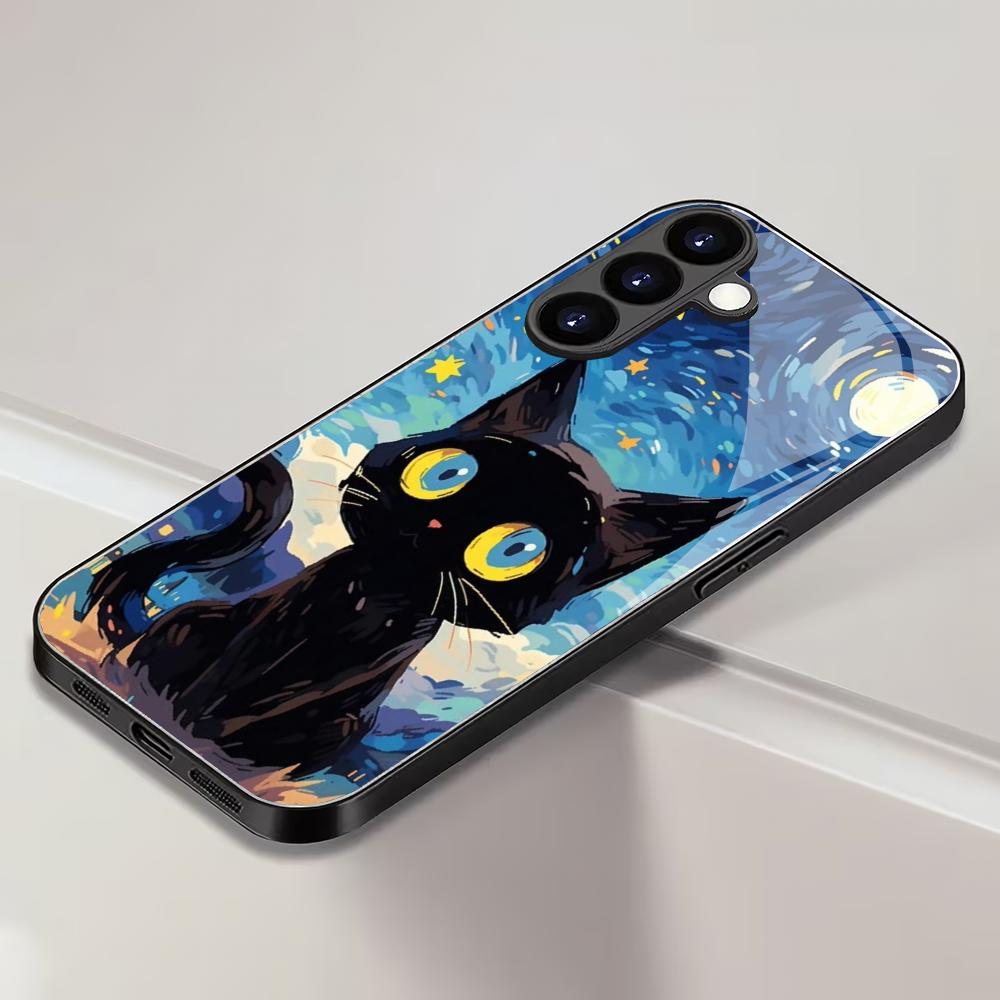 Starry Sky Cat Tempered Glass Phone Case Suitable for Samsung Galaxy S26 S25 S24 S23 S22 S20 FE/Ultra/Plus Anti Drop Back Cover