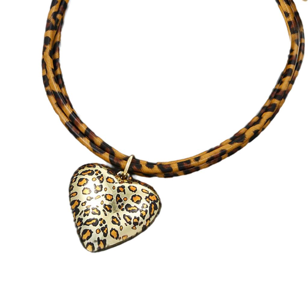 Trendy Double Layer Heart Pendant Necklace with Adjustable Leopard Print Cord Vintage Style Neckchain Jewelry for Women