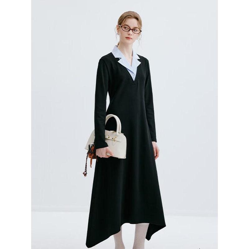 Liedu Black Label Retro Faux Two-Piece Long-Sleeve Dress M