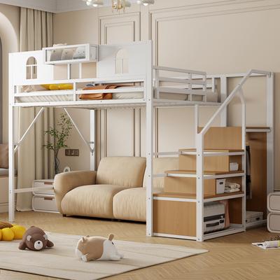 Metal Loft Bed 140 X 200 Cm, With Storage Ladder, Window, Wood Panels and Mesh Fabric, Unique Raised Fencing, Shelf On Bed, Sturdy Metal Frame, White