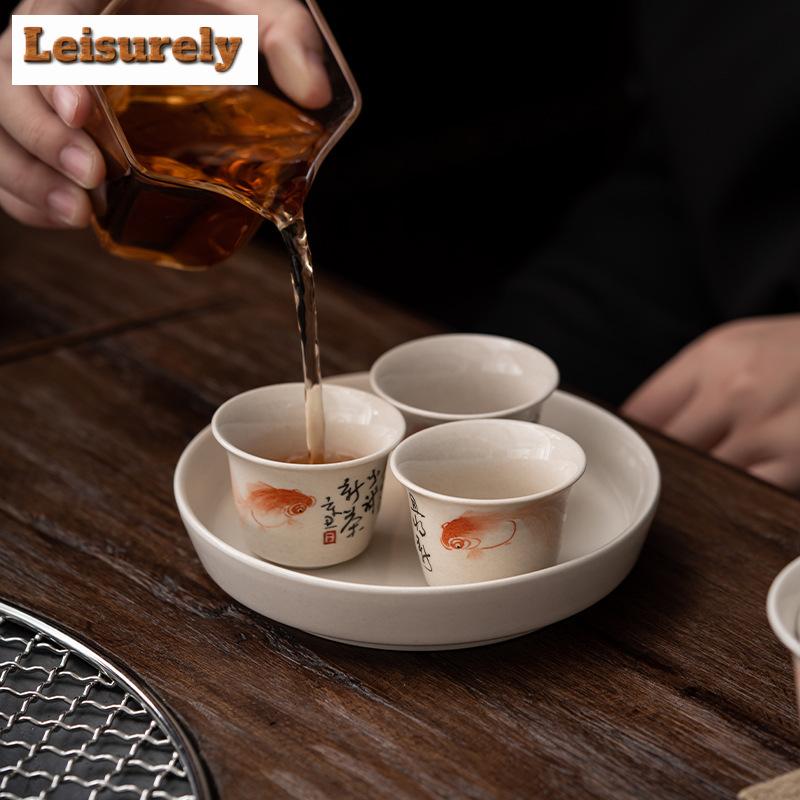 40ml Hand Painted Goldfish Tea Cups Grass Wood Gray Glazed Tasting Fragrant Cup Ceramic Msater Cup Meditation Cup Kung Fu Teaset