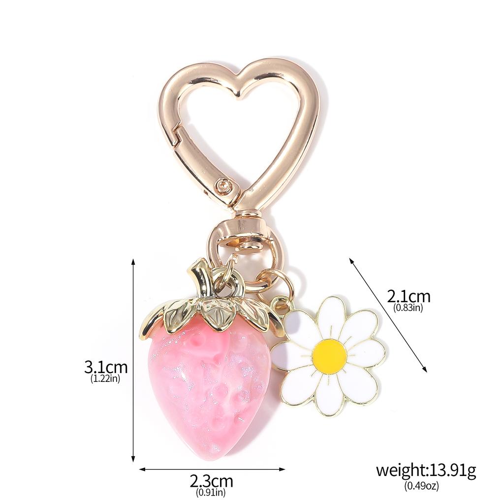 Cute Strawberry White Daisy Keychain Y2k Fruit Kawaii Heart Flower Keyring Backpack Pendant Men Women Jewelry Gifts