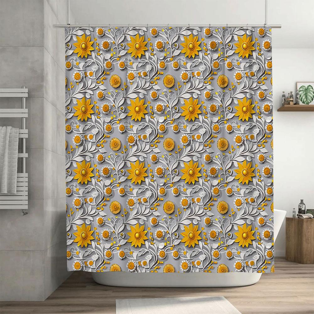 Sunflower Shower Curtainfloral Print Bathroom Decor, Waterproof Polyester Fabric For Home Use, Yellow Flowers Design Size Custom