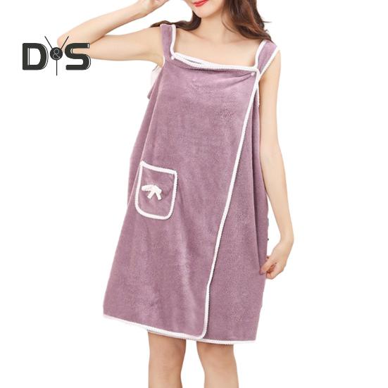 

Женское носимое банное полотенце из кораллового флиса, быстросохнущее пляжное спа-халат, декор с бантом, карманные пуговицы, планка, полотенце для душа, платье фиолетовый