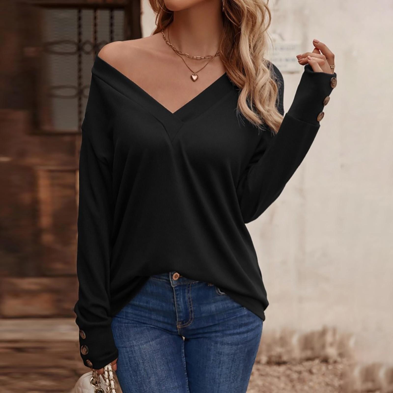 Женская осенне-зимняя однотонная свободная футболка с v-образным вырезом и длинными — фото 8