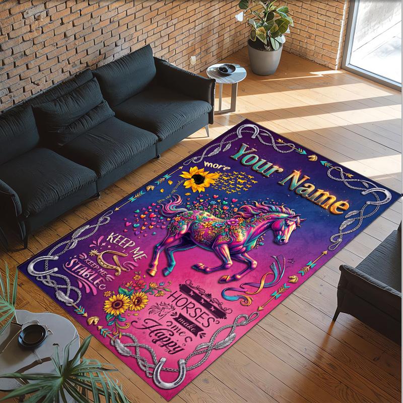 Horse Theme Crystal Velvet Floor Rug Personalized Custom Name Text Warm Carpet Home Decoration