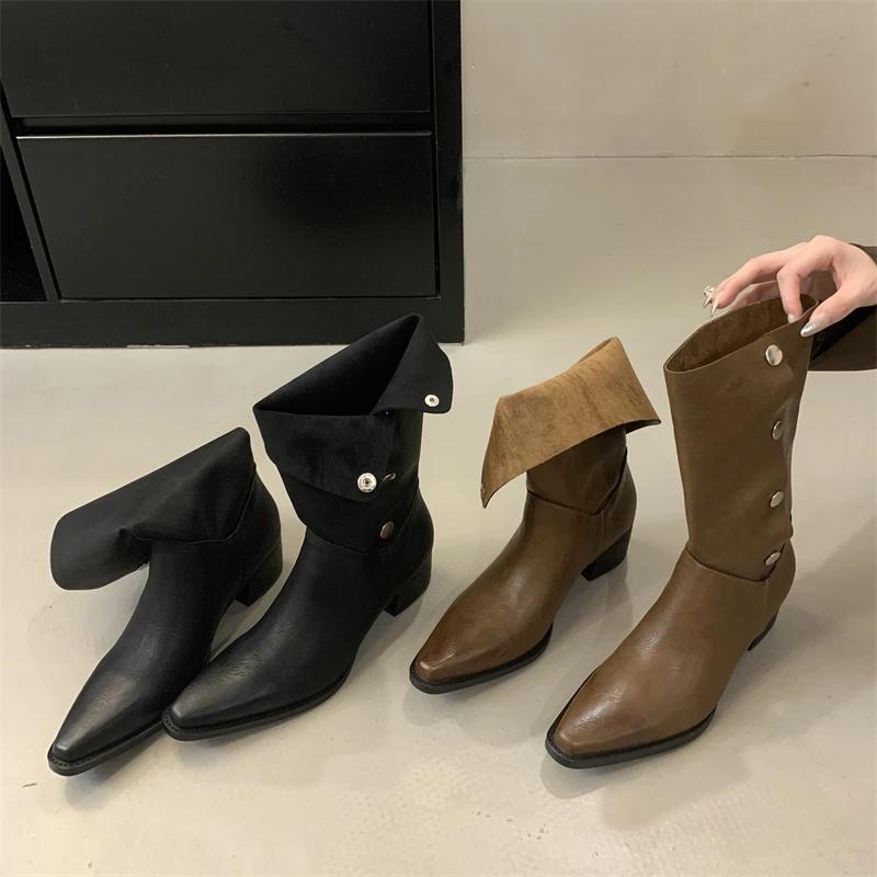 Fashion Eilyken Winter Vintage Fashion Fold Short Pointed Toe Women Ankle Boots Square Low Heels Booties Shoes Zapatos De Mujer