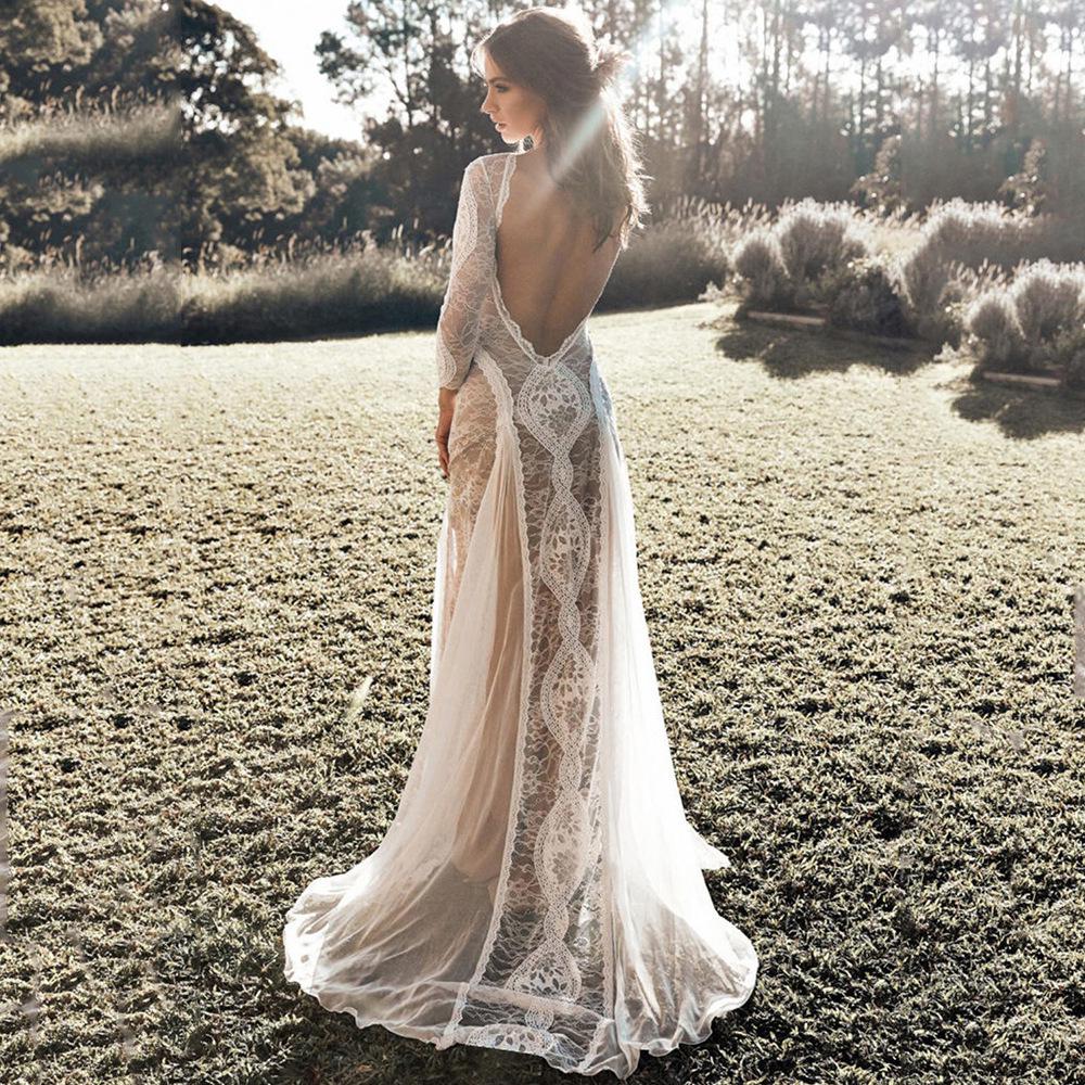 2025 Spring European & American Women's Celebrity Banquet Wedding Dress - Round Neck, Long Sleeve, Printed, Backless Lace