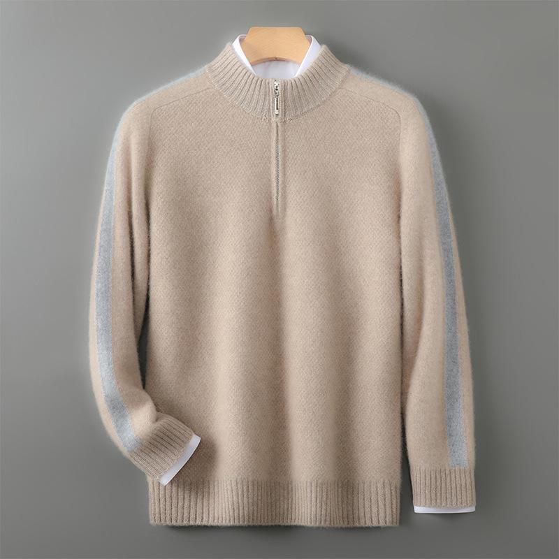 Men s 100% Pure Wool Half-Zip Sweater - Color Block Knitwear for Autumn/Winter Extra Extra Large верблюжий коричневого