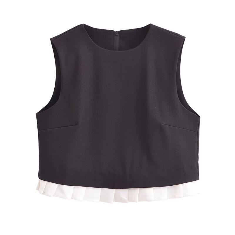 Kaslead New Arrival Women's Clothing Fashion Style Retro Fashion Pleated Contrast Color Sleeveless Short Skirt Suit