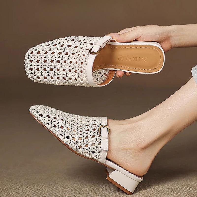 Perforované boty Prodyšné špičky Poloviční pantofle Boty s masivním podpatkem Boty na nízkém podpatku