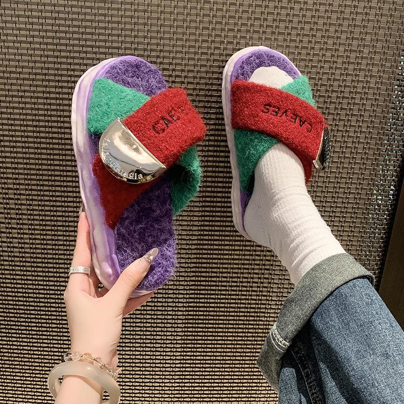 

Thick-bottomed hairy drag women 2025 autumn and winter new outer wear cotton drag dopamine adjustable fat and thin lazy velvet slippers 42